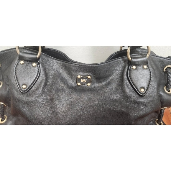 Michael Kors Black Leather Braided Handle Tote Satchel Whipstitch Grommet Large - Picture 3 of 14